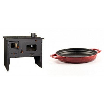 Set Küchenofen / Küchenhexe mit Backofen und Kochplatte Prity, Modell 2P50, Leistung 16kW + Emaillierte gusseisenpfanne mit zwei Griffen Solagio, Rubin, Ф22cm - Kaminofen - Holzofen mit Backfach