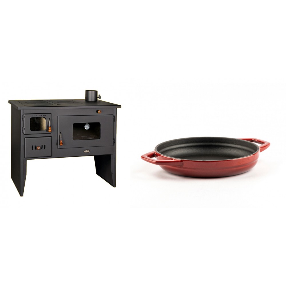 Set Küchenofen / Küchenhexe mit Backofen und Kochplatte Prity, Modell 2P50, Leistung 16kW + Emaillierte gusseisenpfanne mit zwei Griffen Solagio, Rubin, Ф19cm | Kaminofen - Holzofen mit Backfach | Kaminofen |