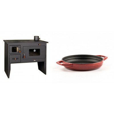 Set Küchenofen / Küchenhexe mit Backofen und Kochplatte Prity, Modell 2P50, Leistung 16kW + Emaillierte gusseisenpfanne mit zwei Griffen Solagio, Rubin, Ф19cm - Kaminofen - Holzofen mit Backfach