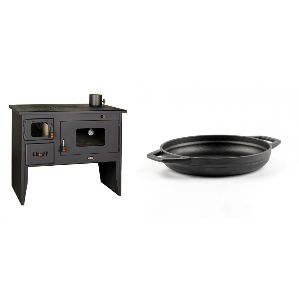 Set Küchenofen / Küchenhexe mit Backofen und Kochplatte Prity, Modell 2P50, Leistung 16kW + Emaillierte gusseisenpfanne mit zwei Griffen Solagio, Black Onyx, Ф19cm | Kaminofen - Holzofen mit Backfach | Kaminofen |