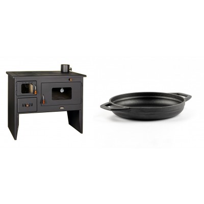Set Küchenofen / Küchenhexe mit Backofen und Kochplatte Prity, Modell 2P50, Leistung 16kW + Emaillierte gusseisenpfanne mit zwei Griffen Solagio, Black Onyx, Ф19cm - Kaminofen - Holzofen mit Backfach