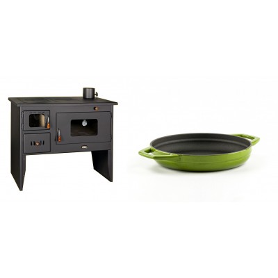 Set Küchenofen / Küchenhexe mit Backofen und Kochplatte Prity, Modell 2P50, Leistung 16kW + Emaillierte gusseisenpfanne mit zwei Griffen Solagio, Bamboo, Ф19cm - Kaminofen - Holzofen mit Backfach