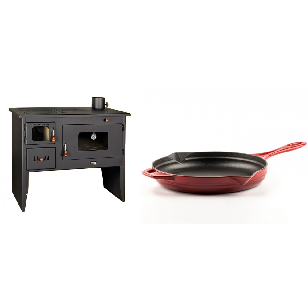 Set Küchenofen / Küchenhexe mit Backofen und Kochplatte Prity, Modell 2P50, Leistung 16kW + Emaillierte Gusseisenpfanne Solagio, Rubin, Ф28cm | Kaminofen - Holzofen mit Backfach | Kaminofen |