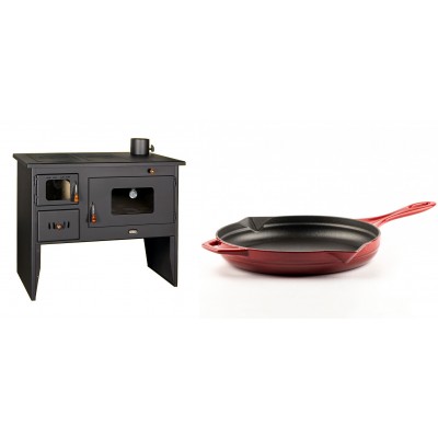 Set Küchenofen / Küchenhexe mit Backofen und Kochplatte Prity, Modell 2P50, Leistung 16kW + Emaillierte Gusseisenpfanne Solagio, Rubin, Ф28cm - Kaminofen - Holzofen mit Backfach