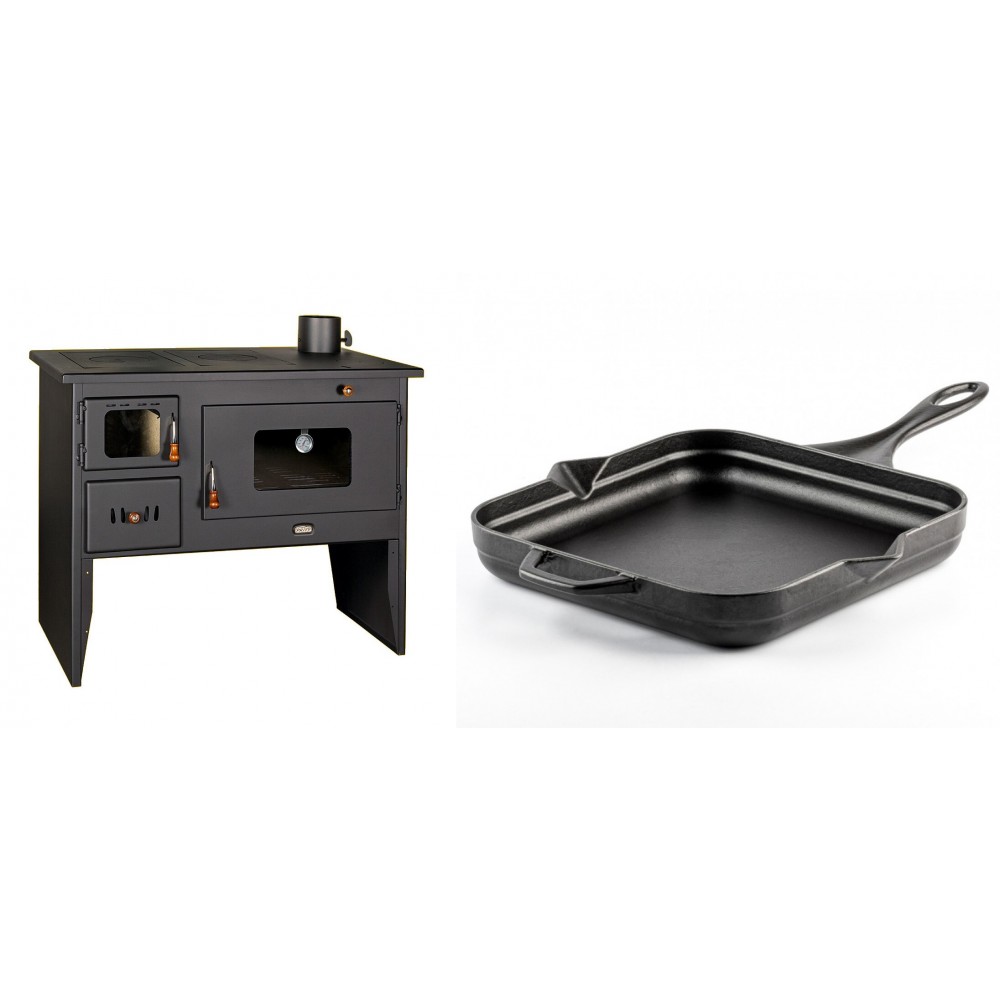 Set Küchenofen / Küchenhexe mit Backofen und Kochplatte Prity, Modell 2P50, Leistung 16kW + Emaillierte Gusseisenpfanne Solagio, Black Onyx, 28x28cm | Kaminofen - Holzofen mit Backfach | Kaminofen |