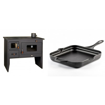 Set Küchenofen / Küchenhexe mit Backofen und Kochplatte Prity, Modell 2P50, Leistung 16kW + Emaillierte Gusseisenpfanne Solagio, Black Onyx, 28x28cm - Kaminofen - Holzofen mit Backfach