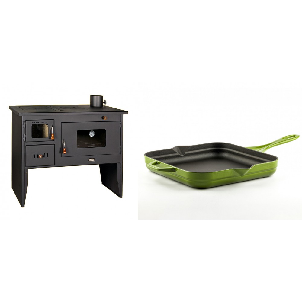 Set Küchenofen / Küchenhexe mit Backofen und Kochplatte Prity, Modell 2P50, Leistung 16kW + Emaillierte Gusseisenpfanne Solagio, Bamboo, 28x28cm | Kaminofen - Holzofen mit Backfach | Kaminofen |