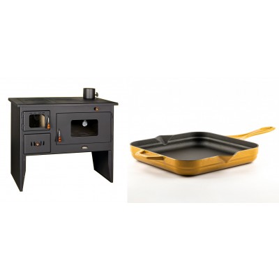 Set Küchenofen / Küchenhexe mit Backofen und Kochplatte Prity, Modell 2P50, Leistung 16kW + Emaillierte Gusseisenpfanne Solagio, Dijon, 28x28cm - Kaminofen - Holzofen mit Backfach