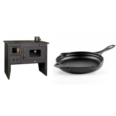 Set Küchenofen / Küchenhexe mit Backofen und Kochplatte Prity, Modell 2P50, Leistung 16kW + Emaillierte Gusseisenpfanne Solagio, Black Onyx, Ф28cm - Kaminofen - Holzofen mit Backfach
