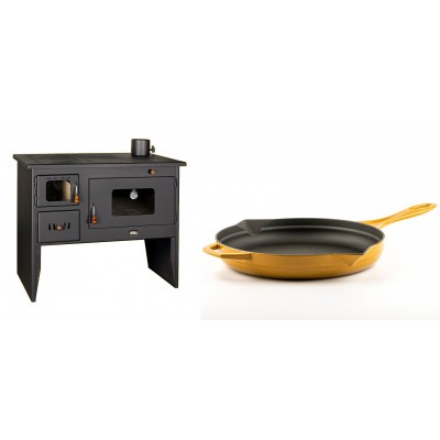 Set Küchenofen / Küchenhexe mit Backofen und Kochplatte Prity, Modell 2P50, Leistung 16kW + Emaillierte Gusseisenpfanne Solagio, Dijon, Ф28cm - Kaminofen - Holzofen mit Backfach