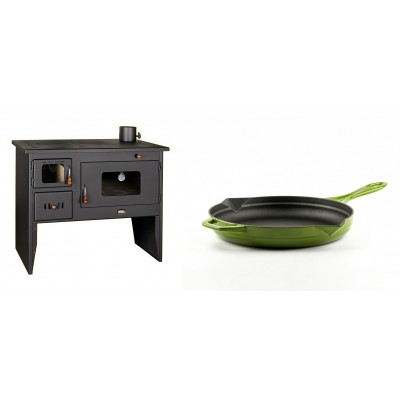 Set Küchenofen / Küchenhexe mit Backofen und Kochplatte Prity, Modell 2P50, Leistung 16kW + Emaillierte Gusseisenpfanne Solagio, Bamboo, Ф24cm - Kaminofen - Holzofen mit Backfach