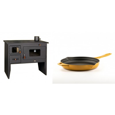 Set Küchenofen / Küchenhexe mit Backofen und Kochplatte Prity, Modell 2P50, Leistung 16kW + Emaillierte Gusseisenpfanne Solagio, Dijon, Ф24cm - Kaminofen - Holzofen mit Backfach