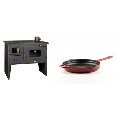 Set Küchenofen / Küchenhexe mit Backofen und Kochplatte Prity, Modell 2P50, Leistung 16kW + Emaillierte Gusseisenpfanne Solagio, Rubin, Ф24cm - Kaminofen - Holzofen mit Backfach