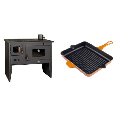 Set Küchenofen / Küchenhexe mit Backofen und Kochplatte Prity, Modell 2P50, Leistung 16kW + Emaillierte grillpfanne Gusseisen Solagio, Dijon, 26x32cm - Kaminofen - Holzofen mit Backfach