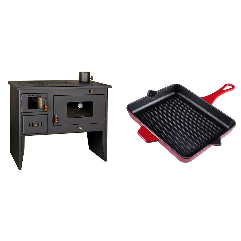Set Küchenofen / Küchenhexe mit Backofen und Kochplatte Prity, Modell 2P50, Leistung 16kW + Emaillierte grillpfanne Gusseisen Solagio, Rubin, 26x32cm