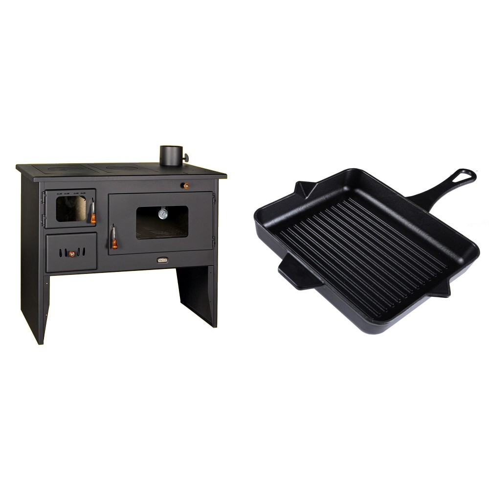 Set Küchenofen / Küchenhexe mit Backofen und Kochplatte Prity, Modell 2P50, Leistung 16kW + Emaillierte grillpfanne Gusseisen Solagio, Black Onyx, 26x32cm | Kaminofen - Holzofen mit Backfach | Kaminofen |