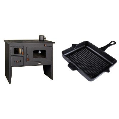 Set Küchenofen / Küchenhexe mit Backofen und Kochplatte Prity, Modell 2P50, Leistung 16kW + Emaillierte grillpfanne Gusseisen Solagio, Black Onyx, 26x32cm - Kaminofen - Holzofen mit Backfach