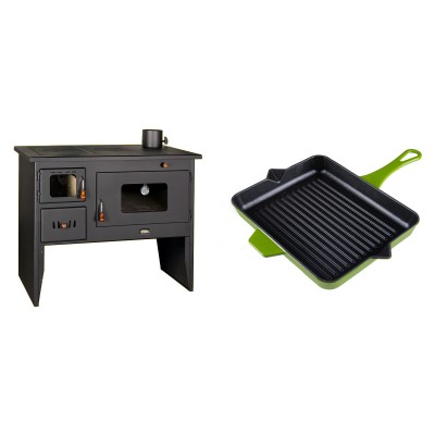 Set Küchenofen / Küchenhexe mit Backofen und Kochplatte Prity, Modell 2P50, Leistung 16kW + Emaillierte grillpfanne Gusseisen Solagio, Bamboo, 26x32cm - Kaminofen - Holzofen mit Backfach