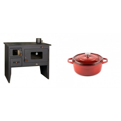 Set Küchenofen / Küchenhexe mit Backofen und Kochplatte Prity, Modell 2P50, Leistung 16kW + Gusseisen Topf Tiefer Solagio, Rubin, Ф12 - Kaminofen - Holzofen mit Backfach