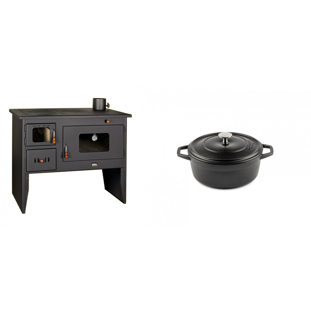 Set Küchenofen / Küchenhexe mit Backofen und Kochplatte Prity, Modell 2P50, Leistung 16kW + Gusseisen Topf Tiefer Solagio, Black Onyx, Ф12 | Kaminofen - Holzofen mit Backfach | Kaminofen |