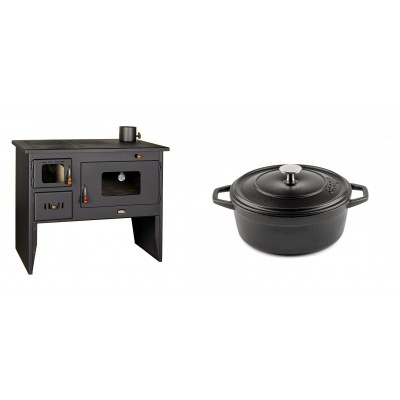 Set Küchenofen / Küchenhexe mit Backofen und Kochplatte Prity, Modell 2P50, Leistung 16kW + Gusseisen Topf Tiefer Solagio, Black Onyx, Ф20 - Kaminofen - Holzofen mit Backfach