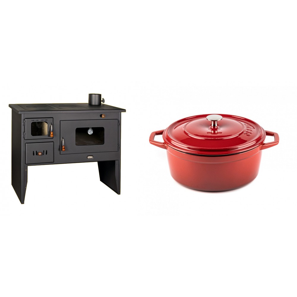 Set Küchenofen / Küchenhexe mit Backofen und Kochplatte Prity, Modell 2P50, Leistung 16kW + Gusseisen Topf Tiefer Solagio, Rubin, Ф24 | Kaminofen - Holzofen mit Backfach | Kaminofen |