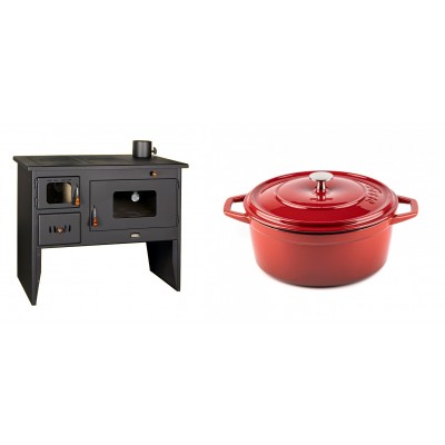 Set Küchenofen / Küchenhexe mit Backofen und Kochplatte Prity, Modell 2P50, Leistung 16kW + Gusseisen Topf Tiefer Solagio, Rubin, Ф24 - Kaminofen - Holzofen mit Backfach