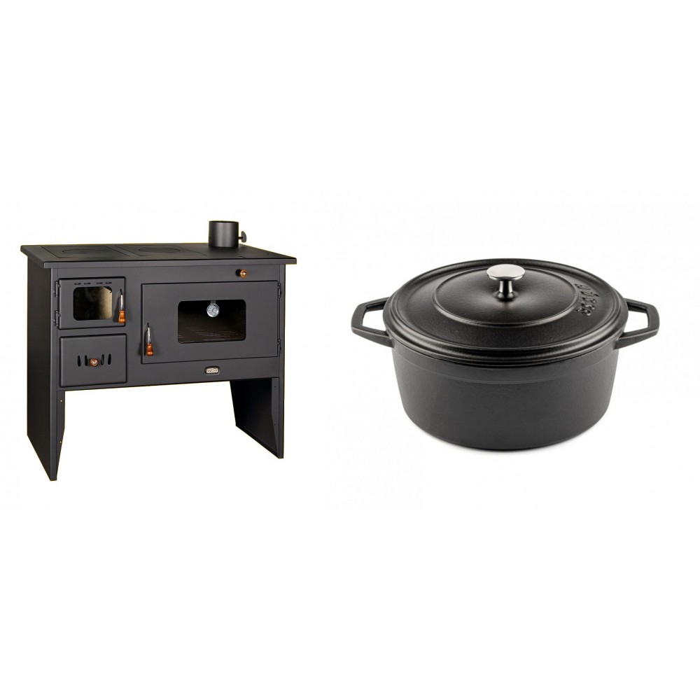 Set Küchenofen / Küchenhexe mit Backofen und Kochplatte Prity, Modell 2P50, Leistung 16kW + Gusseisen Topf Tiefer Solagio, Black Onyx, Ф24