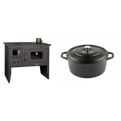 Set Küchenofen / Küchenhexe mit Backofen und Kochplatte Prity, Modell 2P50, Leistung 16kW + Gusseisen Topf Tiefer Solagio, Black Onyx, Ф24 - Kaminofen - Holzofen mit Backfach