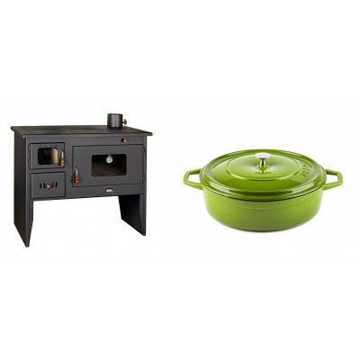 Set Küchenofen / Küchenhexe mit Backofen und Kochplatte Prity, Modell 2P50, Leistung 16kW + Gusseisen Topf Flach Solagio, Bamboo, Ф26 - Kaminofen - Holzofen mit Backfach