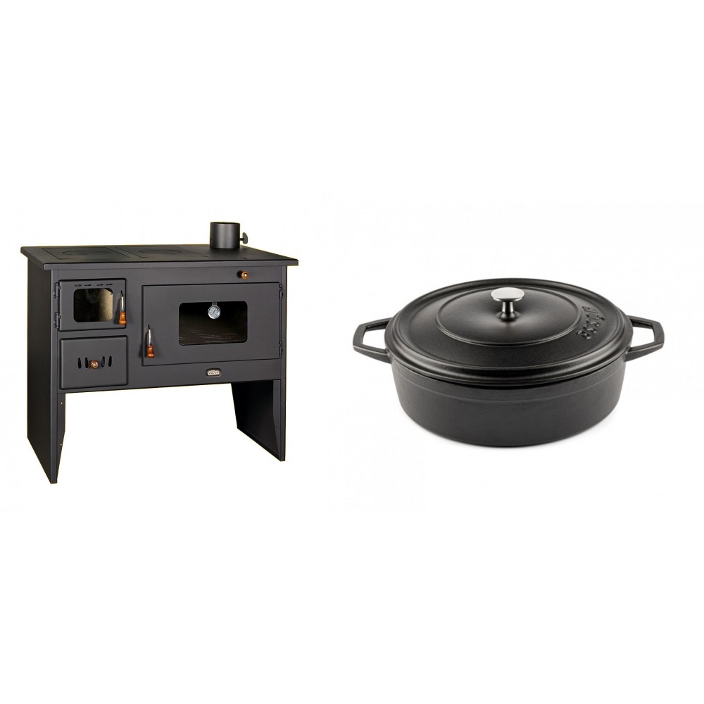 Set Küchenofen / Küchenhexe mit Backofen und Kochplatte Prity, Modell 2P50, Leistung 16kW + Gusseisen Topf Flach Solagio, Black Onyx, Ф26 | Kaminofen - Holzofen mit Backfach | Kaminofen |