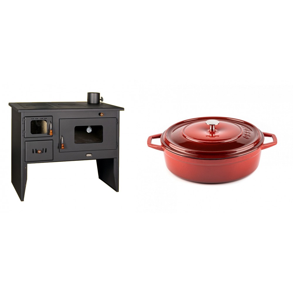 Set Küchenofen / Küchenhexe mit Backofen und Kochplatte Prity, Modell 2P50, Leistung 16kW + Gusseisen Topf Flach Solagio, Rubin, Ф26