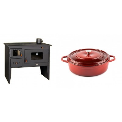 Set Küchenofen / Küchenhexe mit Backofen und Kochplatte Prity, Modell 2P50, Leistung 16kW + Gusseisen Topf Flach Solagio, Rubin, Ф26 - Kaminofen - Holzofen mit Backfach