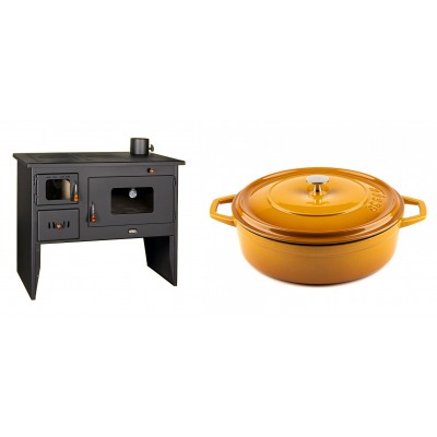 Set Küchenofen / Küchenhexe mit Backofen und Kochplatte Prity, Modell 2P50, Leistung 16kW + Gusseisen Topf Flach Solagio, Dijon, Ф28 - Kaminofen - Holzofen mit Backfach