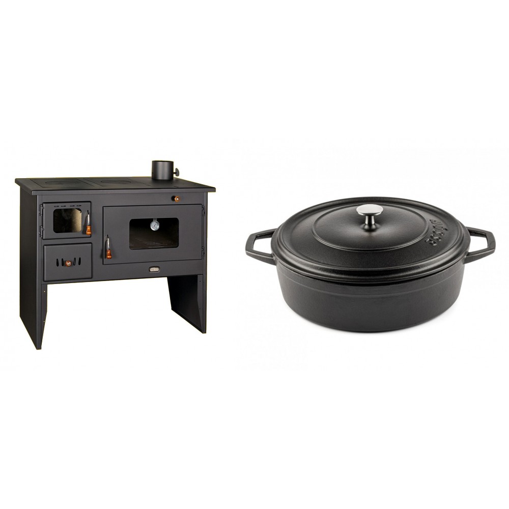 Set Küchenofen / Küchenhexe mit Backofen und Kochplatte Prity, Modell 2P50, Leistung 16kW + Gusseisen Topf Flach Solagio, Black Onyx, Ф28