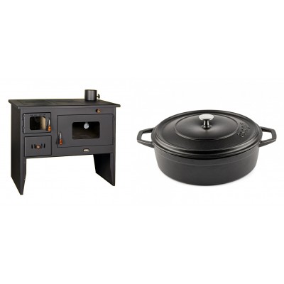 Set Küchenofen / Küchenhexe mit Backofen und Kochplatte Prity, Modell 2P50, Leistung 16kW + Gusseisen Topf Flach Solagio, Black Onyx, Ф28 - Kaminofen - Holzofen mit Backfach