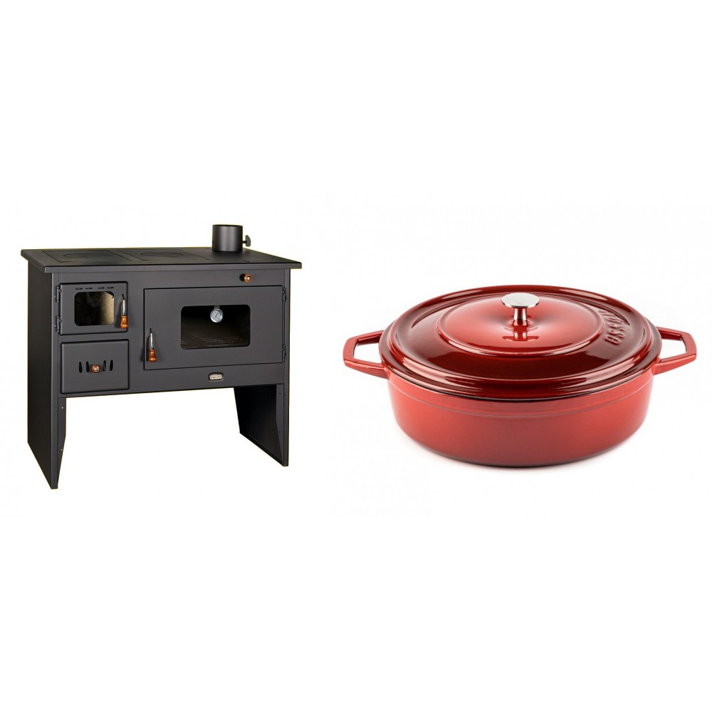 Set Küchenofen / Küchenhexe mit Backofen und Kochplatte Prity, Modell 2P50, Leistung 16kW + Gusseisen Topf Flach Solagio, Rubin, Ф28