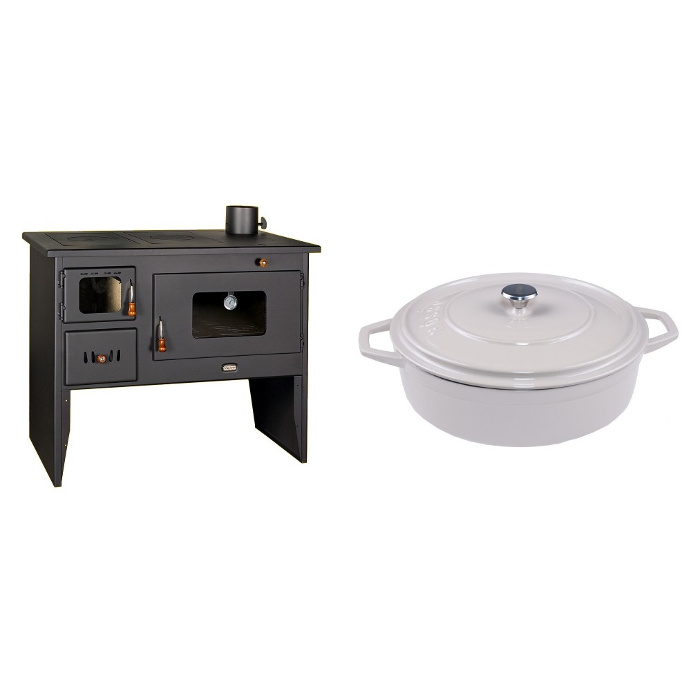 Set Küchenofen / Küchenhexe mit Backofen und Kochplatte Prity, Modell 2P50, Leistung 16kW + Gusseisen Topf Flach Solagio, Ivory, Ф28