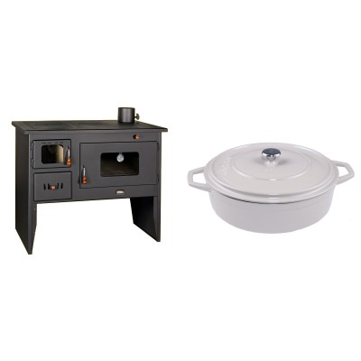 Set Küchenofen / Küchenhexe mit Backofen und Kochplatte Prity, Modell 2P50, Leistung 16kW + Gusseisen Topf Flach Solagio, Ivory, Ф28 - Kaminofen - Holzofen mit Backfach