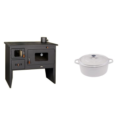 Set Küchenofen / Küchenhexe mit Backofen und Kochplatte Prity, Modell 2P50, Leistung 16kW + Gusseisen Topf Tiefer Solagio, Ivory, Ф12 - Kaminofen - Holzofen mit Backfach