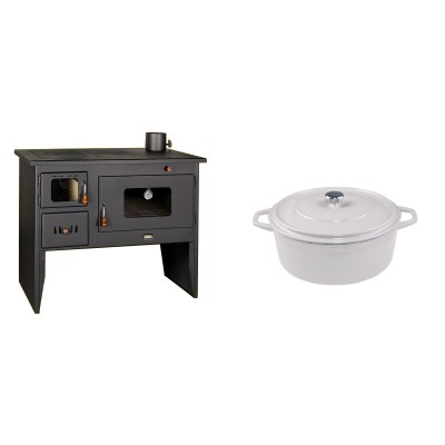 Set Küchenofen / Küchenhexe mit Backofen und Kochplatte Prity, Modell 2P50, Leistung 16kW + Gusseisen Topf Tiefer Solagio, Ivory, Ф20 - Kaminofen - Holzofen mit Backfach