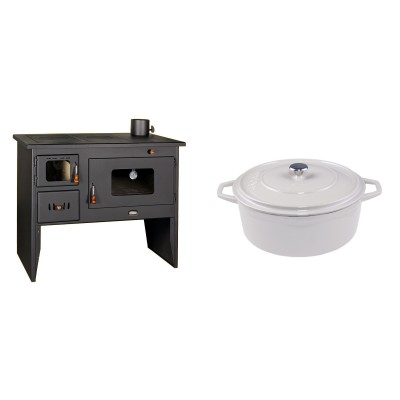 Set Küchenofen / Küchenhexe mit Backofen und Kochplatte Prity, Modell 2P50, Leistung 16kW + Gusseisen Topf Tiefer Solagio, Ivory, Ф24 - Kaminofen - Holzofen mit Backfach