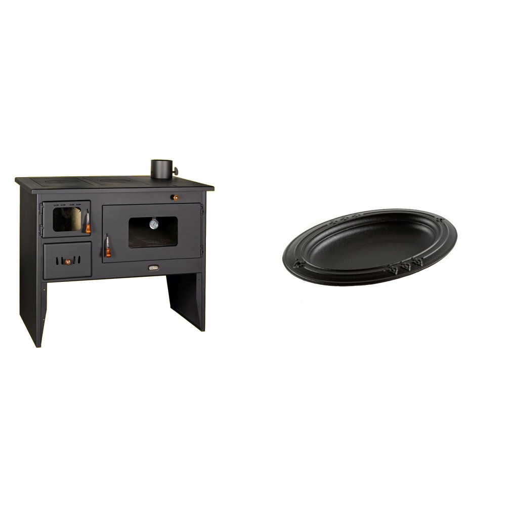 Set Küchenofen / Küchenhexe mit Backofen und Kochplatte Prity, Modell 2P50, Leistung 16kW + Gusseiserne auflaufform Solagio oval, 25x33cm | Kaminofen - Holzofen mit Backfach | Kaminofen |