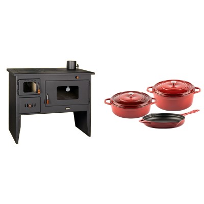 Set Küchenofen / Küchenhexe mit Backofen und Kochplatte Prity, Modell 2P50, Leistung 16kW + Gusseisen Topf Set aus 3 teilen Solagio, Rubin - Kaminofen - Holzofen mit Backfach