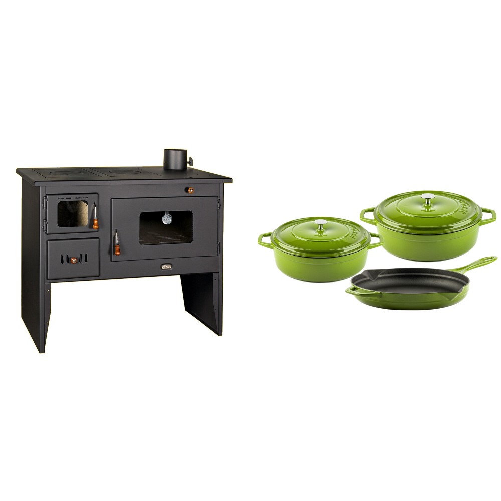 Set Küchenofen / Küchenhexe mit Backofen und Kochplatte Prity, Modell 2P50, Leistung 16kW + Gusseisen Topf Set aus 3 teilen Solagio, Bamboo | Kaminofen - Holzofen mit Backfach | Kaminofen |