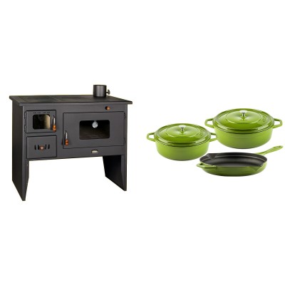 Set Küchenofen / Küchenhexe mit Backofen und Kochplatte Prity, Modell 2P50, Leistung 16kW + Gusseisen Topf Set aus 3 teilen Solagio, Bamboo - Kaminofen - Holzofen mit Backfach