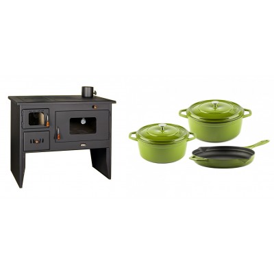 Set Küchenofen / Küchenhexe mit Backofen und Kochplatte Prity, Modell 2P50, Leistung 16kW + Gusseisen Topf Set aus 3 teilen Solagio, Bamboo - Kaminofen - Holzofen mit Backfach