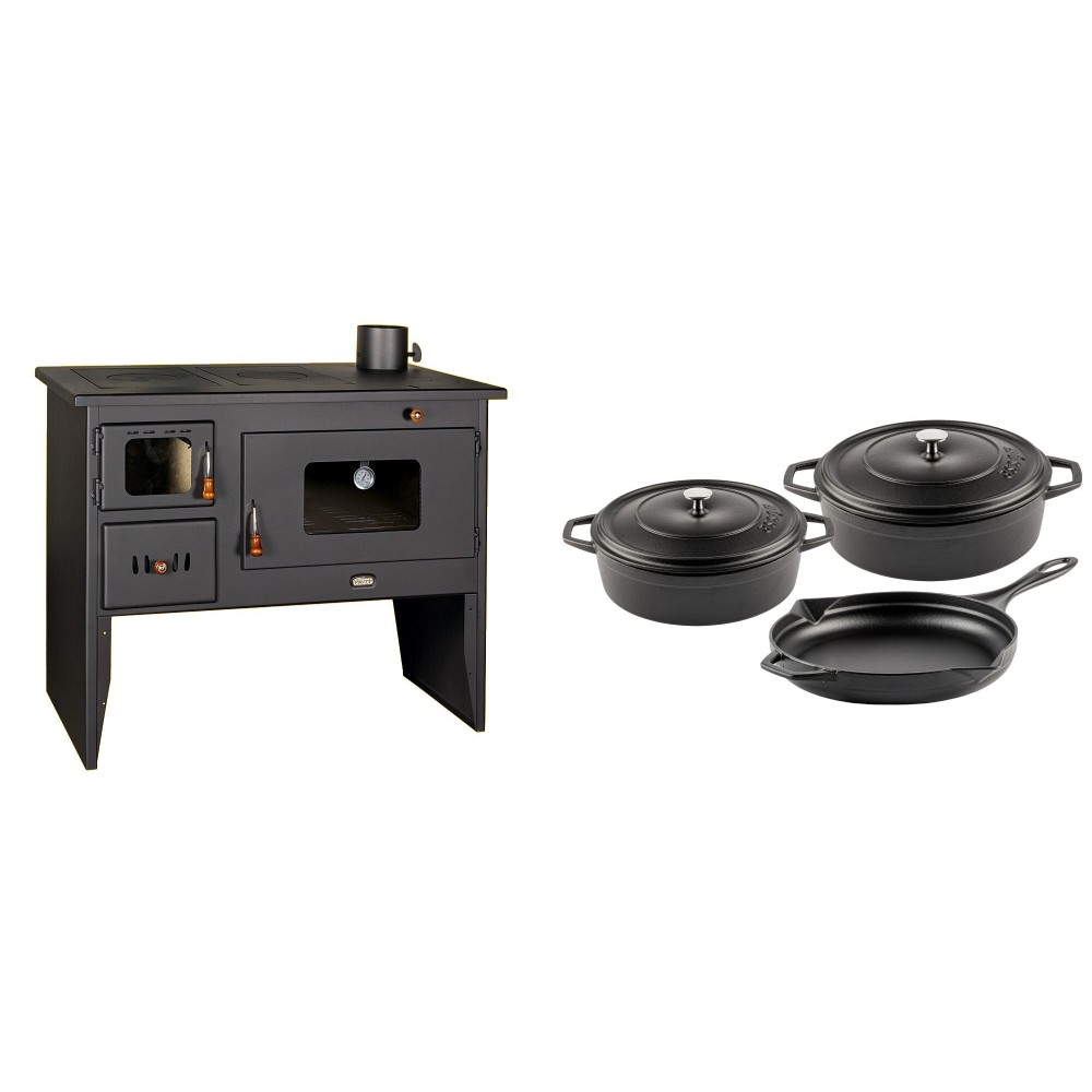 Set Küchenofen / Küchenhexe mit Backofen und Kochplatte Prity, Modell 2P50, Leistung 16kW + Gusseisen Topf Set aus 3 teilen Solagio, Black Onyx