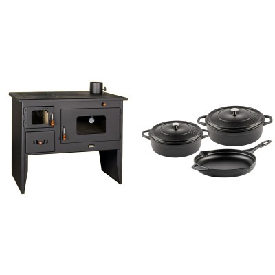 Set Küchenofen / Küchenhexe mit Backofen und Kochplatte Prity, Modell 2P50, Leistung 16kW + Gusseisen Topf Set aus 3 teilen Solagio, Black Onyx - Kaminofen - Holzofen mit Backfach