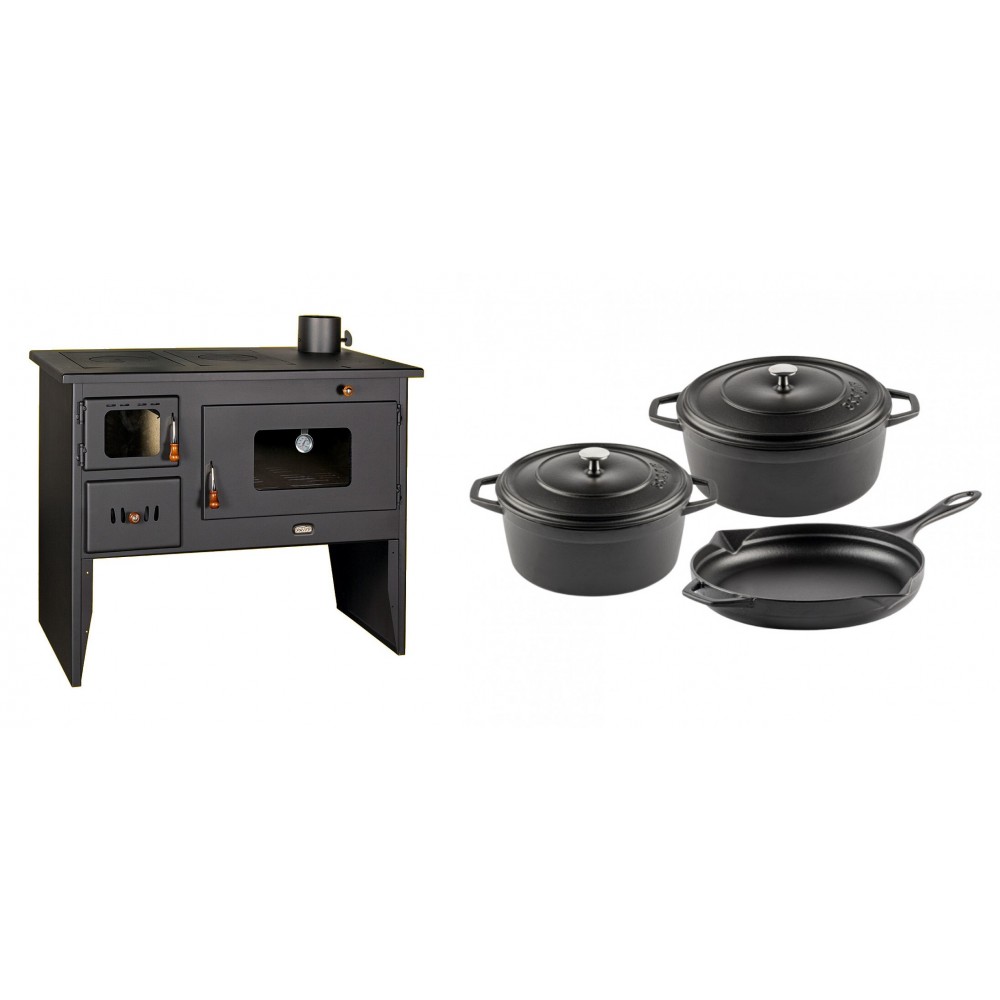 Set Küchenofen / Küchenhexe mit Backofen und Kochplatte Prity, Modell 2P50, Leistung 16kW + Gusseisen Topf Set aus 3 teilen Solagio, Black Onyx | Kaminofen - Holzofen mit Backfach | Kaminofen |